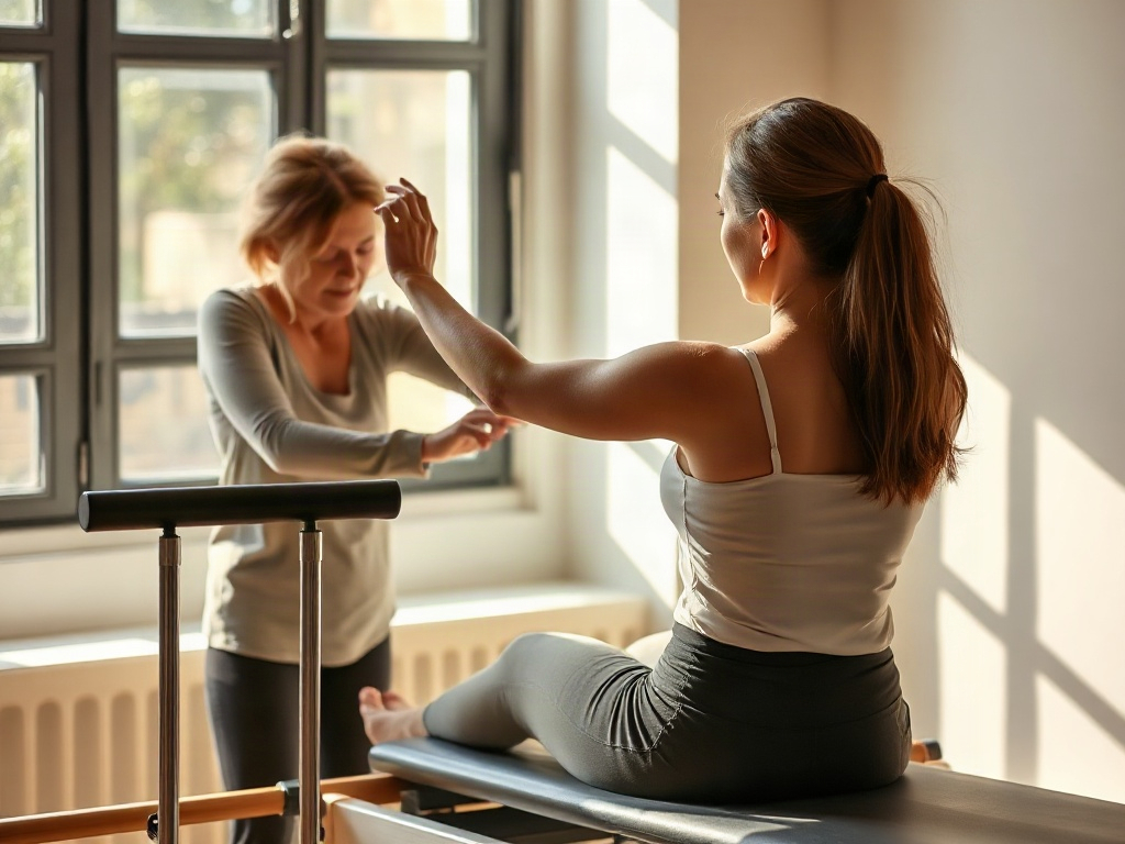 An instructor adjusting a member's form on a reformer